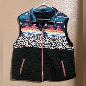 SHEIN Black Quilted Vest with Colorful Aztec and Leopard Print Yoke
